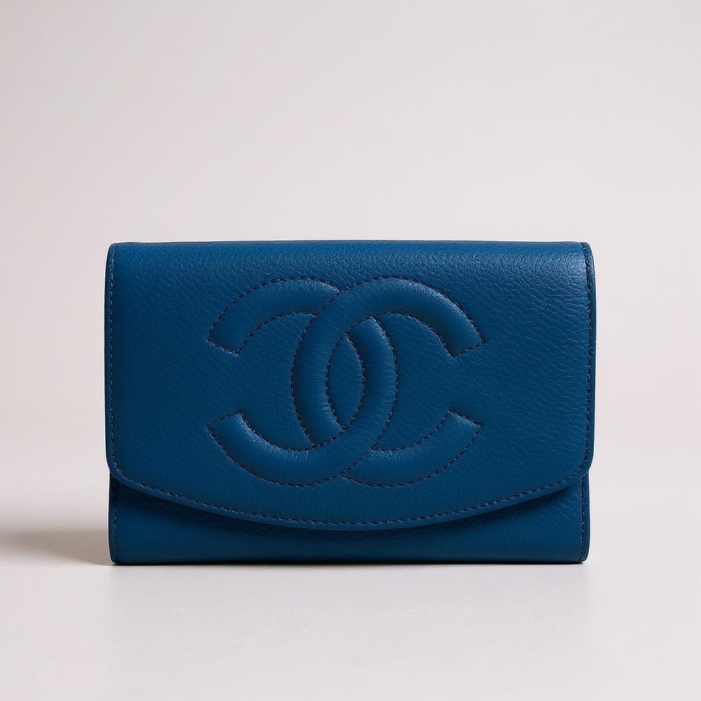 CHANEL Caviar Leather Blue Compact Wallet